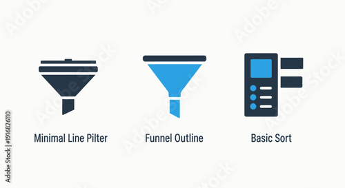 Icons for data processing: a funnel for filtering, another funnel outline, and a device for basic sorting of information.