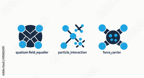 Quantum Field Equalizer, Particle Interaction, and Force Carrier Icons for Physics and Advanced Science Concepts, Abstract Technology Symbols