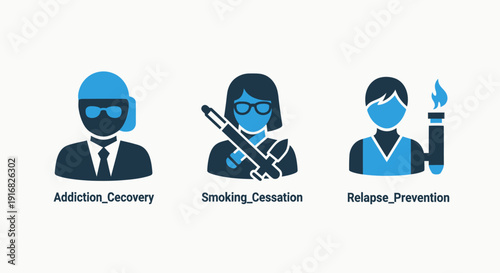 Icons representing addiction recovery, smoking cessation, and relapse prevention for health and wellness.