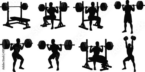Black silhouette illustrations of weightlifting exercises, squat, bench press, overhead press, dumbbell training, fitness workout, bodybuilding, gym equipment, strength training