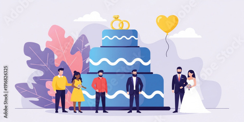 Wedding Celebration Scene with Bride Groom Guests and Large Cake Romantic Marriage Ceremony Party Vector Illustration for Invitation and Event Design