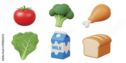 3D Isometric Healthy Food Icon Set Featuring Tomato, Broccoli, Chicken Leg, Lettuce, Milk Carton, and Bread Loaf for Grocery Apps and Nutrition Designs