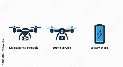 Drone technology icons: maintenance schedule, service check, and battery status.