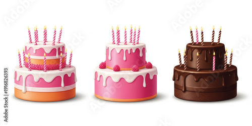 Birthday Cake Collection with Candles and Dripping Frosting Sweet Celebration Dessert Set Chocolate and Strawberry Party Cakes 3D Vector Illustration