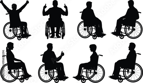 Black silhouette illustrations of wheelchair users, diverse postures, inclusion, empowerment, disability awareness, mobility aid, accessibility, independence, lifestyle, community