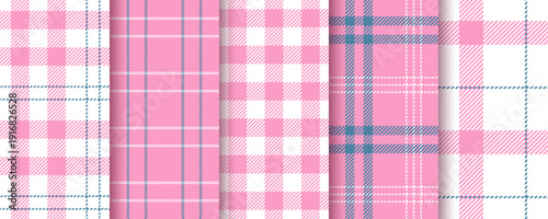 Checkered pink background. Flannel seamless pattern. Cloth gingham prints. Set Vichy textures . Check girly fabric. Tartan wrap wallpaper. Lumberjack shirt textile. Plaid backdrop. Vector illustration