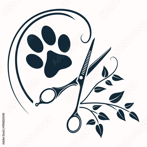 A charming pet grooming logo featuring a paw print intertwined with scissors symbolizing care and professional styling for animals