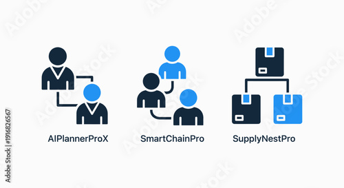 Software icons for AI planner, smart supply chain management, and logistics network organization.