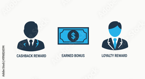 Cashback, Earned Bonus, and Loyalty Reward Program Icons for Financial Incentives, Customer Retention, and Marketing Campaigns.