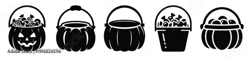 Collection of Happy Halloween candy bucket silhouette icon set. Vector illustration on white background.