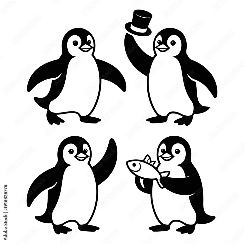 Obraz premium A delightful set of four cheerful cartoon penguins in various playful poses, depicted in black and white.