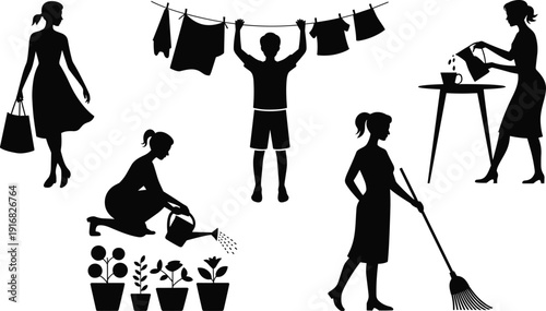 A creative vector illustration set featuring black silhouettes of a diverse group of people, including a family with a child, a dancing couple, and individuals engaged in sport, shopping, or running