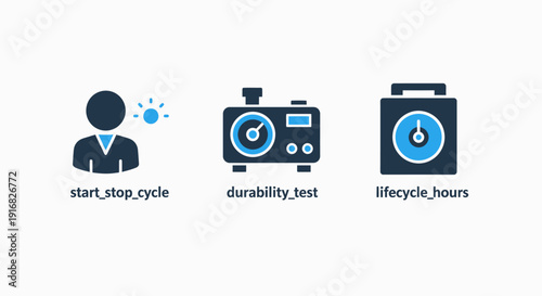 Start-Stop Cycle, Durability Test, and Lifecycle Hours Icons for Product Performance, Testing, and Operational Measurement