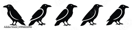 Collection of Happy Halloween creepy crow silhouette icon set. Vector illustration on white background.