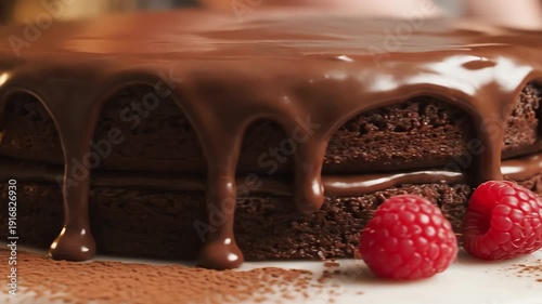 Chocolate cake with dripping glaze and fresh raspberries