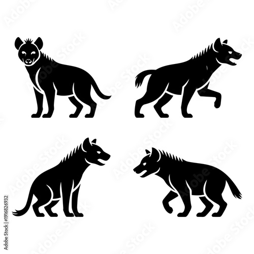 A collection of four distinctive hyena silhouettes, portraying their unique gait and characteristic posture in various dynamic poses.