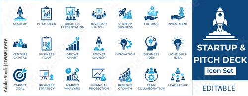 Startup and pitch deck icon set featuring venture capital, investor pitch, rocket launch, business plan, financial projection, funding, and entrepreneurship symbols.