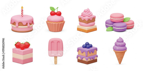 Cute Pastel Dessert Icon Set with Cakes Cupcakes Macarons Ice Cream and Sweet Bakery Treats 3D Vector Collection for Menu and Packaging Design