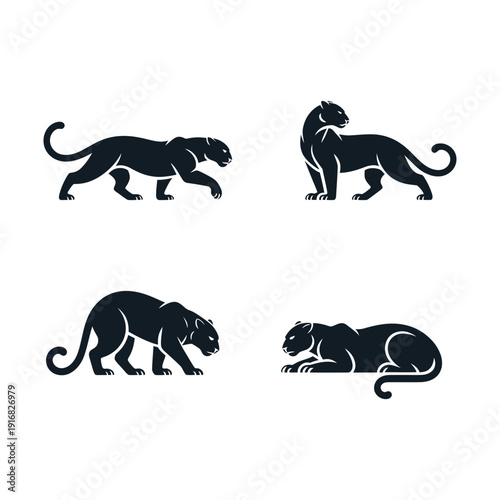 A striking collection of four sleek panther silhouettes, demonstrating their graceful movements and powerful feline forms in various poses.
