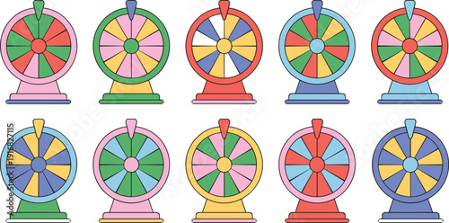 Colorful spinning wheel illustrations, probability game design, chance activity, educational tool, color recognition, carnival wheel, playful art, random selector