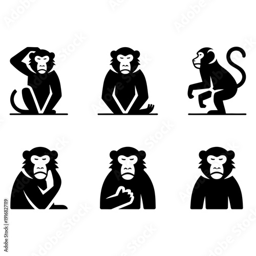 Six expressive black silhouette illustrations showcasing monkeys in a variety of dynamic and characteristic poses, including sitting, scratching, and thinking.