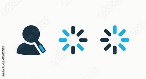Flat vector icons featuring a person searching with a magnifying glass and two loading spinner animations for digital progress and system processing.