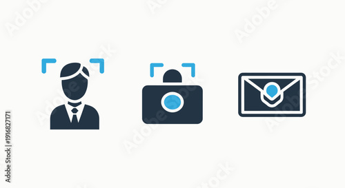 Digital Identity and Communication Icons Featuring User Recognition, Camera Focus, and Targeted Messaging in a Flat Vector Style