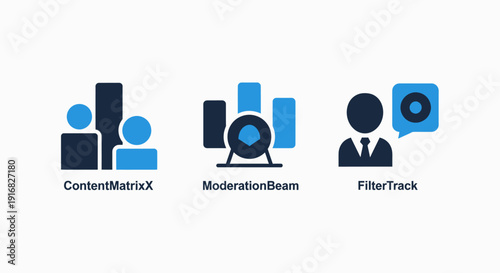 Modern Flat Design Vector Icons for Content Management, Data Analytics, User Moderation, and Filtering in Digital Platforms