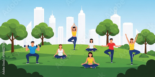 Group of People Practicing Yoga and Fitness Exercises in City Park with Urban Skyline Background Healthy Lifestyle Outdoor Workout and Meditation Illustration