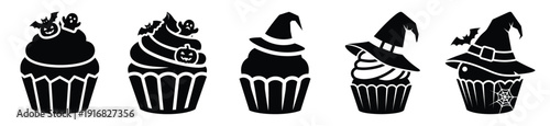 Collection of Happy Halloween cupcake silhouette icon set. Vector illustration on white background.