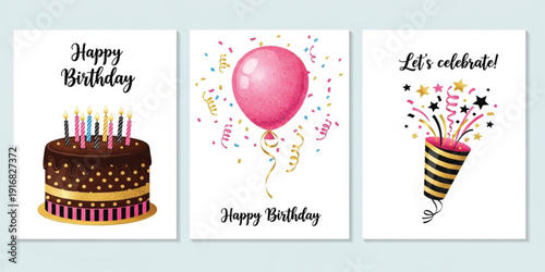 Happy Birthday Greeting Card Set with Cake Balloon and Party Popper Celebration Elements for Anniversary Invitation Poster Social Media and Festive Design