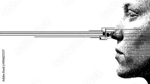 A striking black and white portrait, side profile with abstract lines intersecting the face