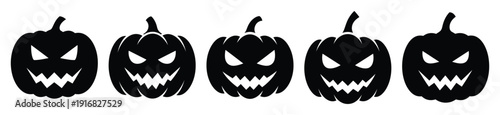 Collection of Happy Halloween evil pumpkin silhouette icon set. Vector illustration on white background.