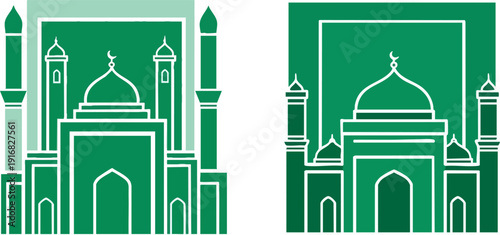 Two green mosque vector illustrations, one with a lighter background and one with a darker background, both featuring a dome, minarets, and a crescent moon symbol. Isolated on transparent