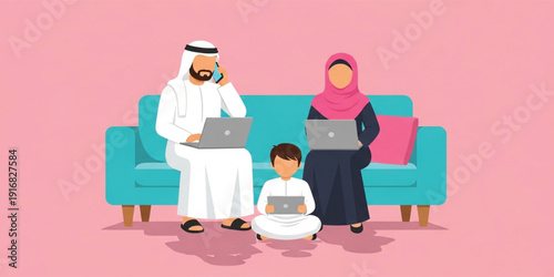Modern Arab Family Sitting on Sofa Using Laptops and Tablet while Father Talks on Mobile Phone Representing Digital Lifestyle and Remote Work