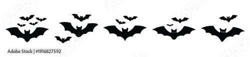 Collection of Happy Halloween flying bat swarm silhouette icon set. Vector illustration on white background.