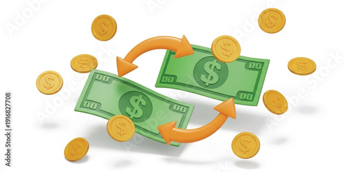 Money Transfer and Currency Exchange Concept with 3D Dollar Banknotes, Floating Gold Coins, and Curved Transaction Arrows for Banking and Finance Apps