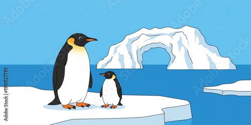 Penguin Family on Antarctic Iceberg with Ocean and Glacier Landscape Cute Polar Wildlife Scene for Education Nature and Climate Illustration