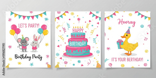 Set of Three Cute Birthday Party Invitation Cards Featuring Cartoon Animals, Tiered Cake with Candles, Balloons, and Colorful Confetti for Kids Celebration