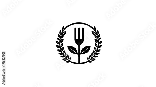 A black and white circular design. It features a fork within a leafy stem and laurel leaves