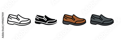Loafer shoe icon vector set. Men's casual slip-on footwear symbol for fashion style, formal leather shoes, and comfortable walking gear. Vector Illustration.