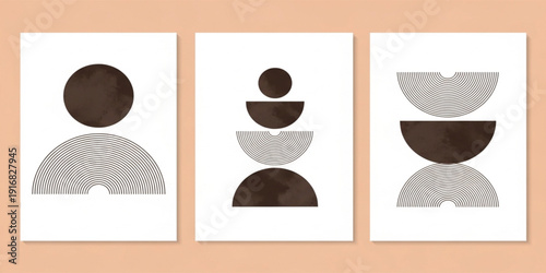 Set of Three Minimalist Abstract Boho Wall Art Prints Featuring Geometric Shapes, Sun Discs, and Arc Lines for Modern Home Decor Interiors