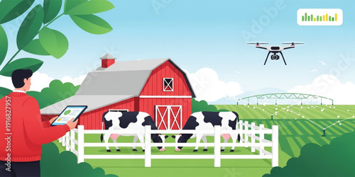 Smart Farming Technology Concept with Drone Monitoring Cattle Barn and Irrigation System in Modern Agriculture Landscape for Digital Farm Management Illustration