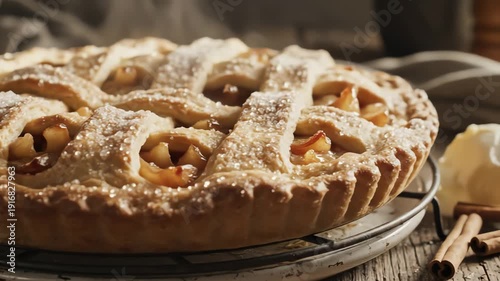 Close up of baked apple pie with lattice crust