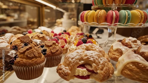 Close up of baked goods display featuring pastries and muffins