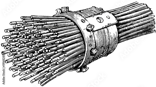 A black and white illustration depicts a bundle of metal tubes and a cylindrical housing