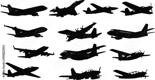 Military and passenger airplane silhouettes set, fighter jet cargo aircraft and propeller plane collection, aviation vector illustration for air force, transport and flight design