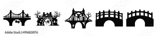 Collection of Happy Halloween haunted bridge silhouette icon set. Vector illustration on white background.