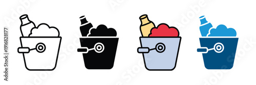 Ice bucket with bottle icon vector set. Chilled champagne symbol for luxury celebration, wine service, party drinks, and restaurant bar. Vector Illustration.