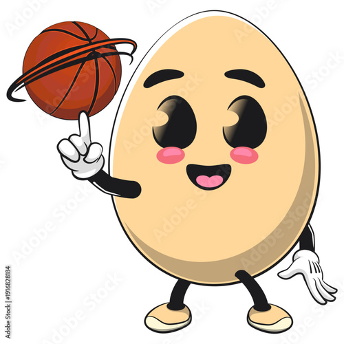 cute egg mascot character spin the basketball with the index finger, isolated vector illustration, work of hand drawn